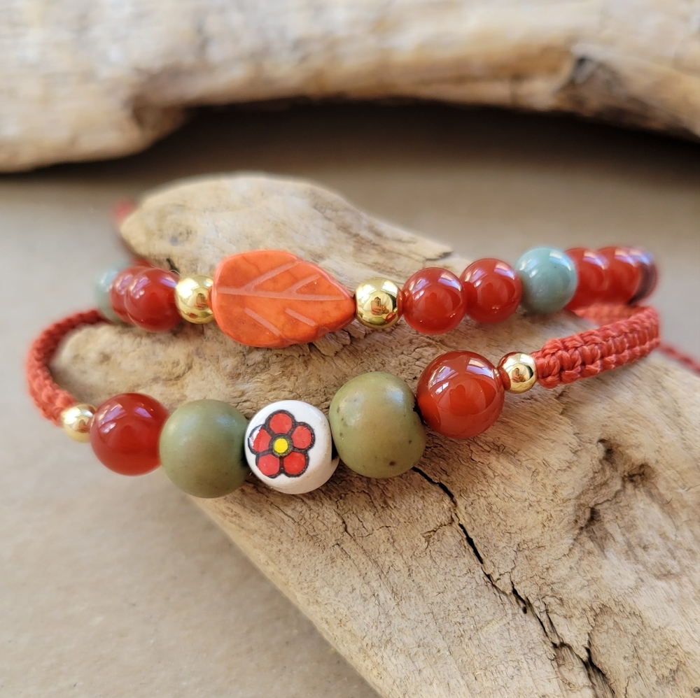 Natural Carnelian Gemstone Set Of 2 Matching Autumn Bracelets